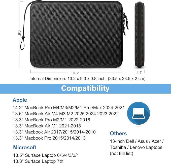 FINPAC Hard Laptop Sleeve Case for 13 inch MacBook Air M4 2025 M3 2024, 14 inch MacBook Pro M4/M3/M2/M1 A2918 A2992 A2779 A2442, 13'' Air/Pro, Waterproof Case for Dell, Surface Laptop, HP, Acer, Black