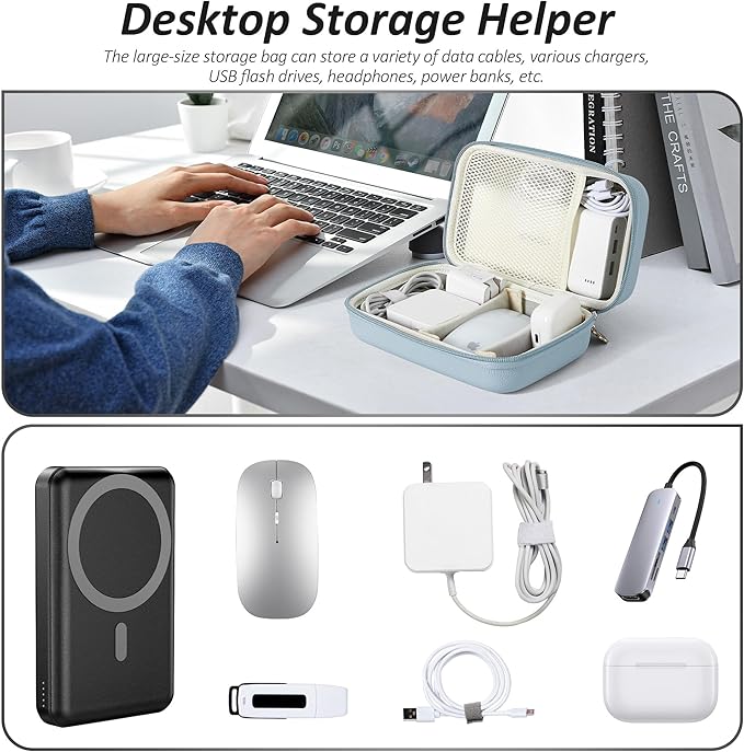 Charger Case for Macbook, Portable Tech Electronic Organizer Bag,Travel Storage Pouch for Laptop Accessories, MacBook Power Adapter, Charging Cords, USB Drives, Power Bank (Blue, XL)