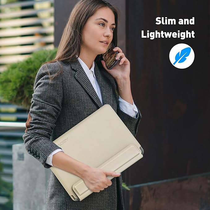 AboveTEK Laptop Sleeve Case for 13-14 inch MacBook Air/Pro, Slim Laptop Case with Stand, Ergonomic Wrist Rest & Mouse Pad, Waterproof Anti-Scratch Leather Bag for 13-14 Surface HP (Beige)