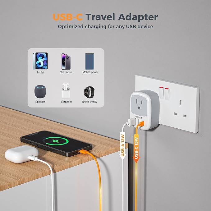 UK Adapters for Travel, TESSAN US to UK Plug Adapter, Ireland Outlet Plug with 3 USB Charger (1 USB C Port), Type G Power Adaptor for USA to England Qatar Hong Kong Scotland Dubai London Kenya Irish