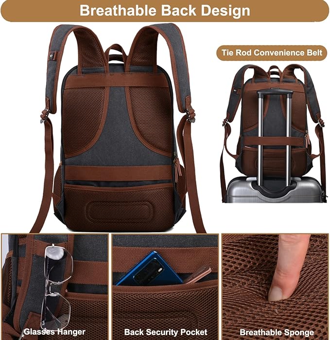 Mactso Canvas Travel Laptop Backpack for Men Women, Business Work Rucksack College Computer Bag Fits 17.3 Inch Notebook,Bookbag with USB Charging Port (Black, 17.3 Inch)