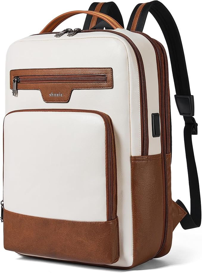 Shrrie Leather Laptop Backpack for Women and Men,28 L Travel Backpack Computer Bag Fits 16 inch Laptop,Expandable Casual Daypack with USB Port for Work Business Weekender College,Beige with Brown