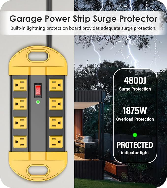 CCCEI Heavy Duty Power Strip Surge Protector, Metal 8 Outlets Power Strip for Appliance. Garage Shop Industrial Workbench 15 AMP Outlets Strip. 15FT Extension Cord. Set