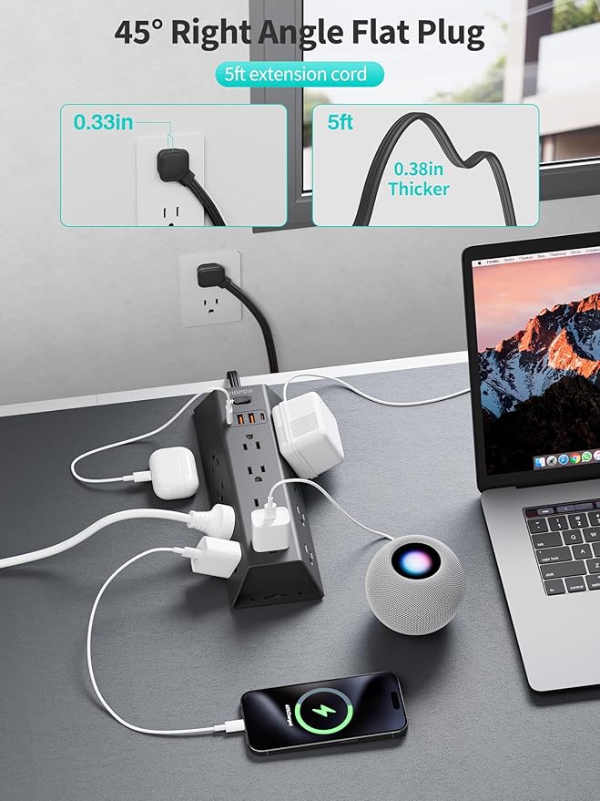 12 Outlets Surge Protector Power Strip, HOPOW 5FT Flat Plug Extension Cord with 12 AC Outlets & 4 USB Ports (2 USB C), 1700 Joules, Desk Charging Station for Home Office Room, Black