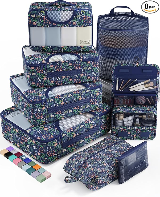 Veken 8 Set Packing Cubes for Travel Essentials, Suitcase Organizer Bags in 4 Sizes, Carry-On Luggage Accessories with Large Laundry & Hanging Toiletry Bag, Must-Have for Airplane, Road Trip & Camping