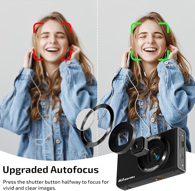 Digital Camera, FHD 4K 44MP Autofocus Point and Shoot Camera with 2.4" LCD 16X Zoom Portable Compact Cheap Camera for Teens Boys Girls Kids Adults (Black)