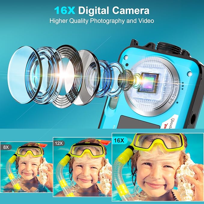 4K Underwater Camera 56MP Autofocus 16FT Waterproof Camera Dual-Screen Selfie 16X Underwater Camera for Snorkeling Waterproof Compact Floatable Digital Camera with 32GB Card