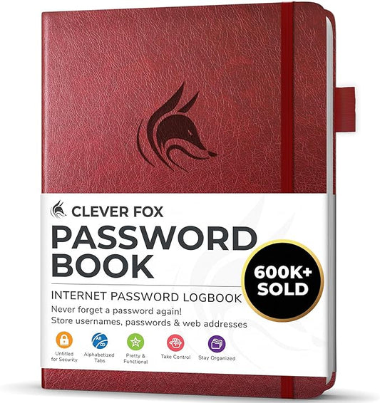Clever Fox Password Book with alphabetical tabs. Internet Address Organizer Logbook. Small Pocket Password Keeper for Website Logins (Wine Red)