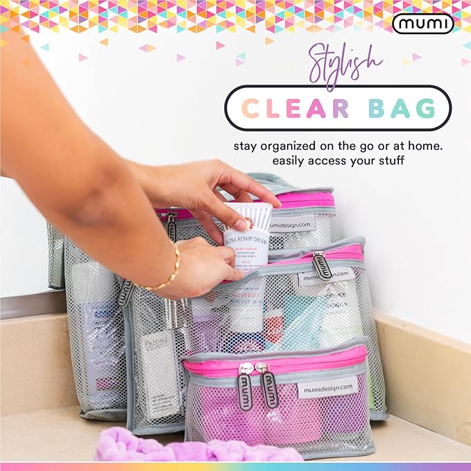 MUMI Travel Toiletry Bag Set of 3 – Clear TSA Approved Toiletry Bags for Women – Reusable Water-Resistant Makeup Organizer Pouches for Skincare, Cosmetics, Travel Accessories, Airport Packing - Pink
