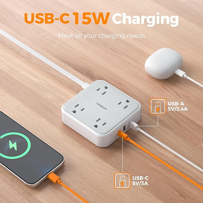TESSAN Flat Plug Extension Cord 5 Ft, TESSAN Surge Protector Power Strip Ring Pull with 3 USB (1 USB C) 4 Outlets, 900 Joules Protection, Desktop Charging Station for Home, Office, College, Dorm Room,