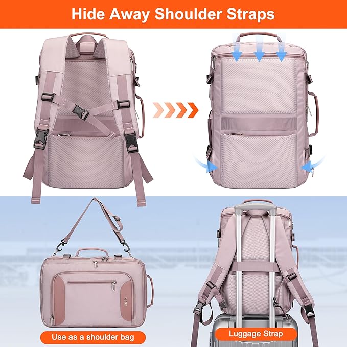 PIJUSHI Travel Backpack for Women Flight Approved Carry on Bag 16 inch Laptop Personal Item Daypack with Shoe Compartment(PE038 Light Purple)