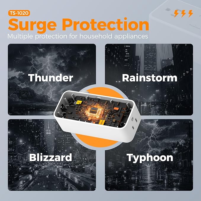 Surge Protector Power Strip, TESSAN Flat Plug Extension Cord 10 FT with 4 Wide Spaced AC Outlets, 900J Protection, Wall Mountable Charging Station for Home Office School Dorm Room Essentials