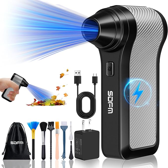 SDFM Compressed Air Duster, 125000RPM Electric Air Duster with Brushless Motor, Contains Multiple nozzles, for Cleaning Keyboard & PC. 3 Adjustable Gears, Rechargeable mini Blower for Car Detail
