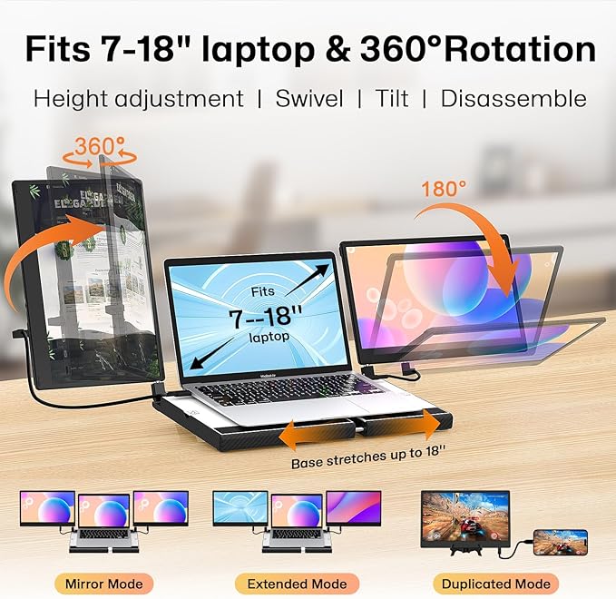 14" Laptop Screen Extender Smart Base - Upgraded Triple Portable Monitor FHD 1080P -300% More Efficient, 360° Rotation/Detachable Dual Display, Plug-Play USB C/HDMI,Laptop Monitor Extender for Win/Mac