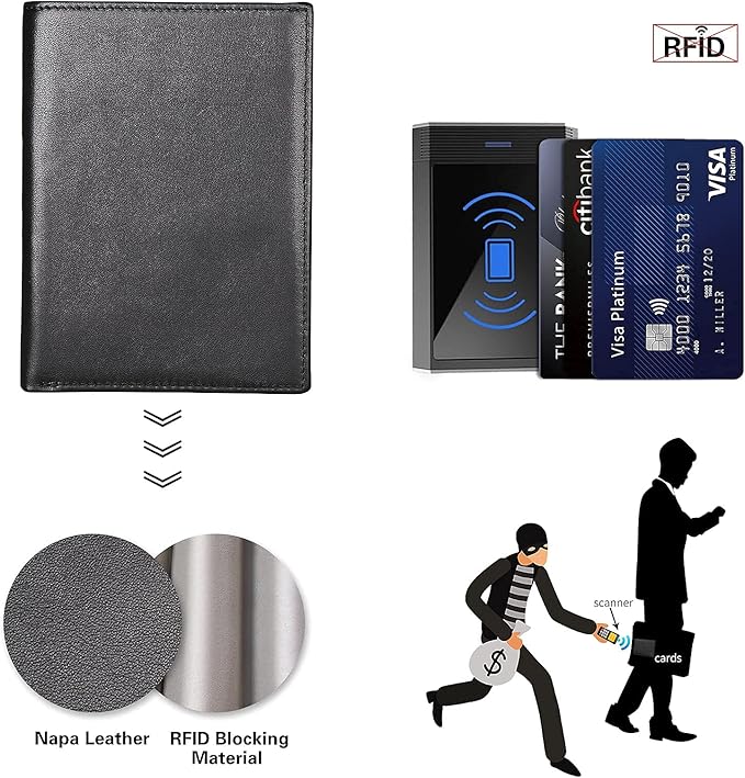 Polare RFID Blocking Napa Leather Passport Holder Travel Wallet For Men and Women (Black)
