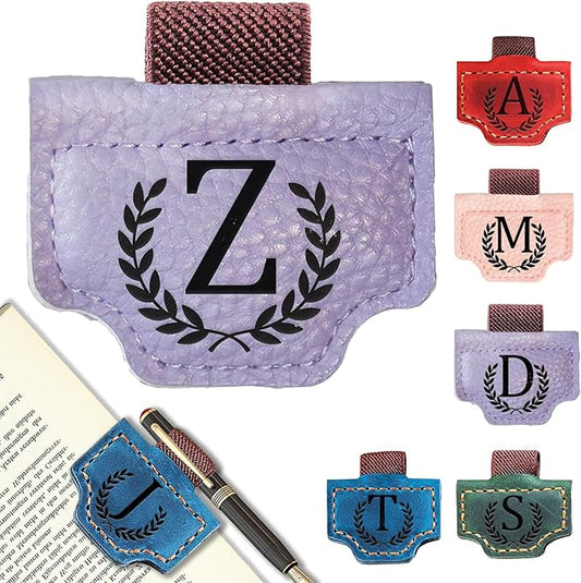 Personalized Bygone Mark Bookmark with Pen Holder, Leather Magnetic Bookmark 26 Letters Name Initial Bookmarks for Readers, Book Lover Gifts for Women Men Notebook Accessories (Purple, Z)