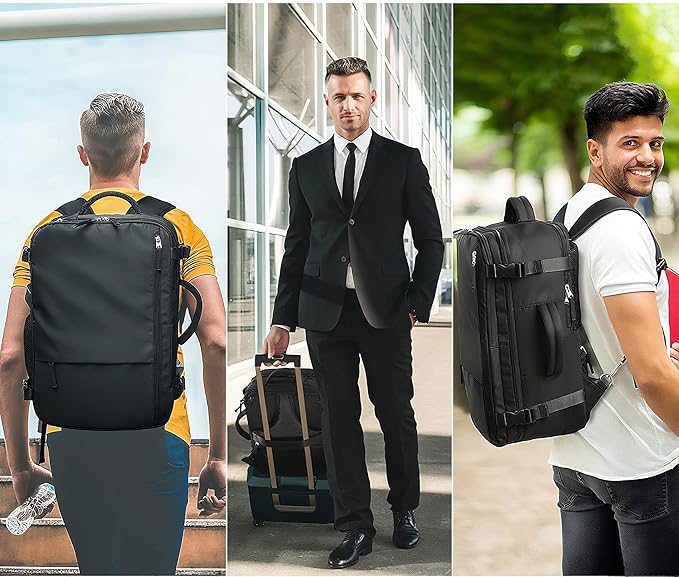 Hanples Travel Backpack for Women Men Large Carry On Person Item Flight Approved 17 In Laptop Backpack Waterproof anti theft Casual Luggage with 2 Toiletry Bag(Black)