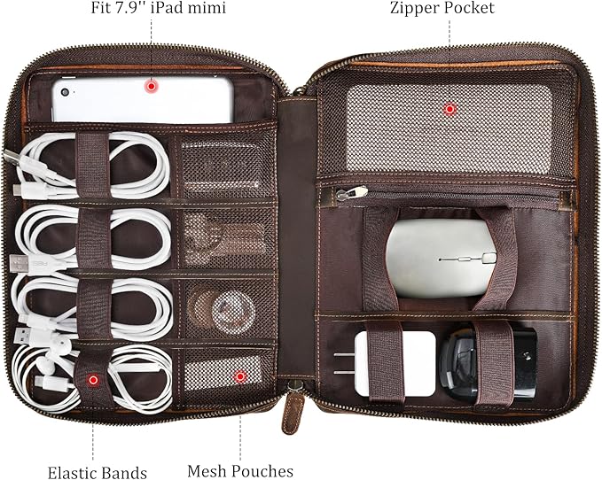 Polare Full Grain Leather Travel Cable Organizer Case Electronics Accessories Carry Bag with YKK Zippers Tech Storage Bag for Cables, Power Bank, USB, SD Card, Travel Essentials