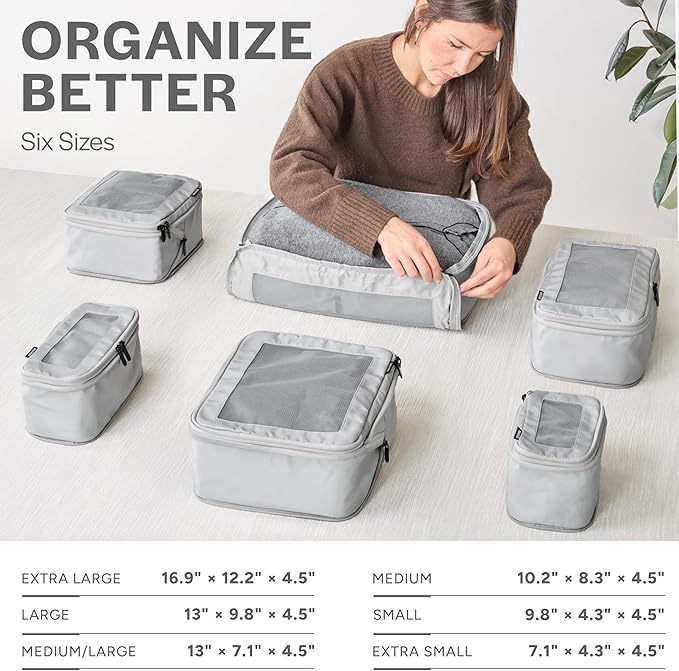 Compression Packing Cubes for Travel - Luggage Organizer Bags - Double Zipper Packing Cubes for Suitcases (6-Pack, Light Grey)