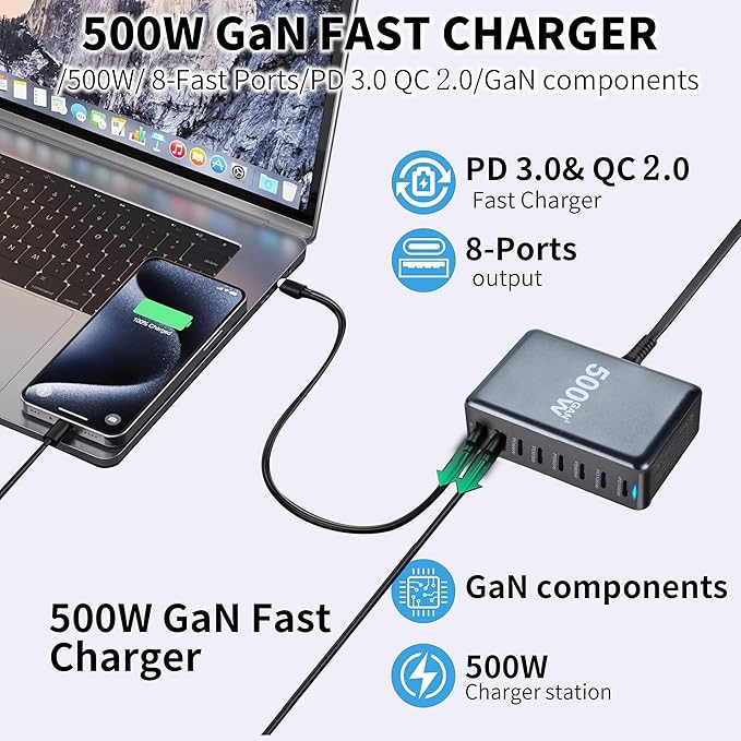500W USB C Fast Charger Block, 8 Port USB Charging Station, GAN3 Multi Device Fast Charging Station for iPhone, Samsung, MacBook, Dell and More Smartphones, Home Office Use