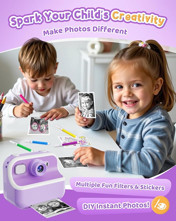 Instant Camera, Front Rear Dual Selfie Kids Camera with 1080P Videos, Holiday Birthday Gifts for Kids Age 3-12, Toddler Portable Travel Print Digital Camera Toy for 4 5 6 7 8 9 Year Boys Girls