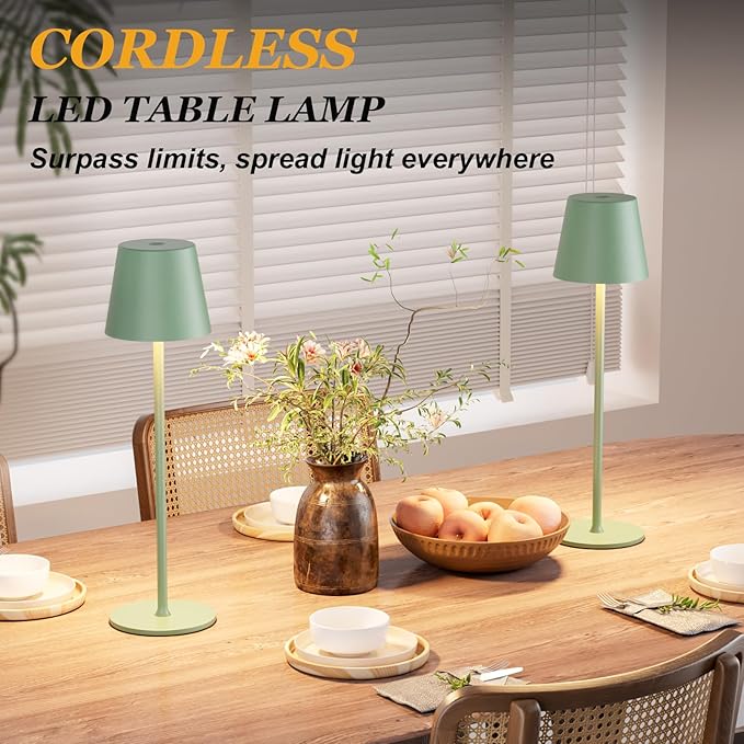 Kakanuo Cordless Table Lamp Rechargeable Green - KK 2 Pack 5000mAH Battery Operated Lamp for Dining Table, 3 Color Stepless Dimming Wireless Lamp for Counter, Outdoor Patio, Touch Control