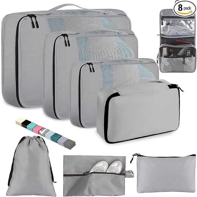 8-Piece Packing Cubes for Travel, Mesh Luggage Organizers with Shoe Bag, Toiletry Bag, Laundry Pouches, 4 Sizes (XL/L/M/S) for Suitcase Organization, Men Women Kids, Gray