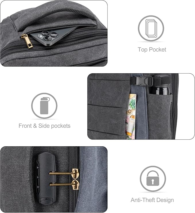 Tzowla 40L Canvas Travel Laptop Backpack for Men Women Carry on Flight Approved,Large Capacity Anti Theft Backpacks with USB Port,Vintage Business Rucksack Bag Fit 17.3 Inch Laptop(Black & Navy Blue)