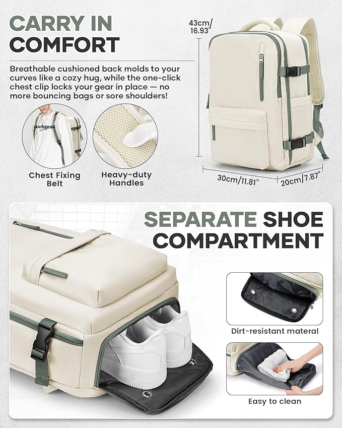 Vacuum Travel Backpack with Pump for Women, Personal Item Carry on Backpacks Flight Approved 18x14x8 inches for Men,Laptop Waterproof Work Compression bags Casual Daypack BeigeGreen