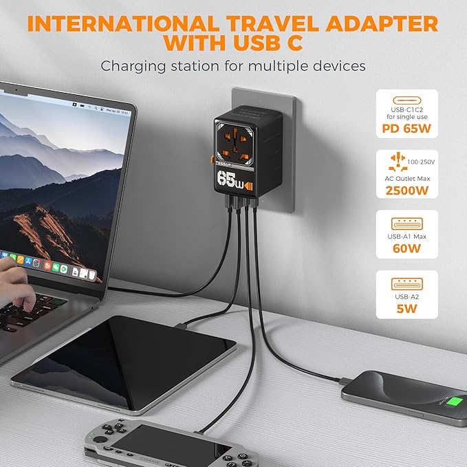TESSAN Universal Travel Adapter, GaN 65W International Plug Adaptor with 4 USB(2 USB C) Charging Ports, Worldwide Power Outlet for US to European EU UK AUS Ireland(Type C/G/A/I)