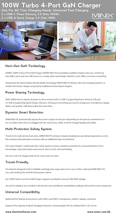 MINIX 100W Turbo 4-Port GaN Wall Charger 2 x USB-A Quick Charge 3.0, 2 x USB-C Power Delivery Adapter Compatible with MacBook Pro Air, iPad Pro, iPhone 11 Pro,Max XR XS X SE2 and More (NEO P2)