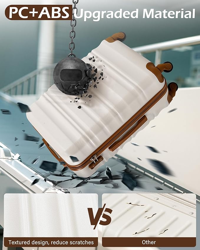 LONG VACATION Carry On Luggage Sets 3 Piece 20 Inch Suitcase Set, ABS+PC Hardshell Lightweight Travel Luggage with Spinner Wheels & YKK Zipper TSA Lock (20 INCH (BP/TB), WHITE-BROWN)