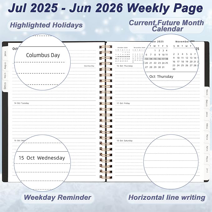 Daily Planner 2025-2026, Jul.2025-Jun.2026, 6.2" x 8.4", 2025 Planner Weekly and Monthly, Calendar Planner 2025 with Tabs & Pocket, 100GSM Thick Paper, Black