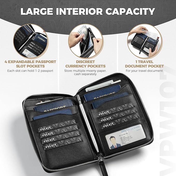 VULKIT Leather Passport Holder for 4-8 Passports Family Passport Wallet with Zipper Travel Documents Organizer for Men or Women(Black)