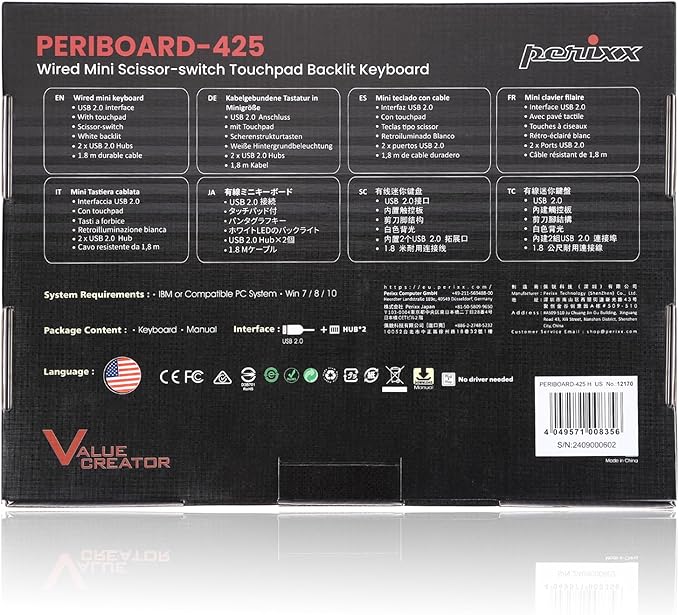 Perixx PERIBOARD-425 US Wired Mini USB Keyboard with Touchpad, X Type Scissor Keys, White Backlit, 2 USB Hubs, Compact 11.18x7.17x1.1 Inches, US English