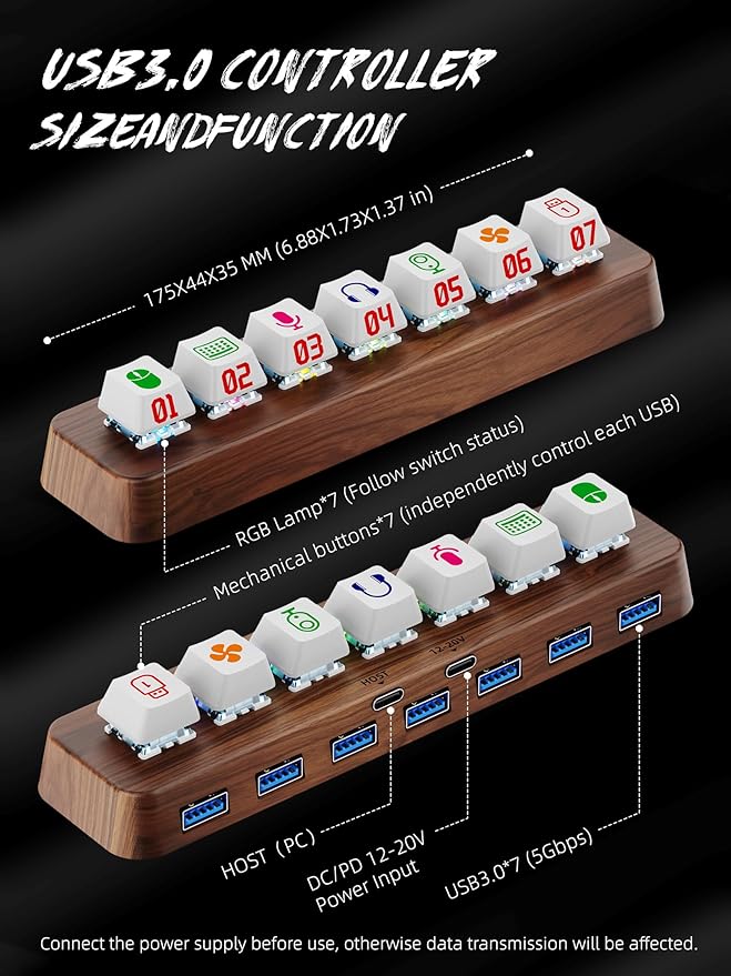 7-Port USB 3.0 Powered Hub, RGB Lighting, Hot-Swappable Cherry MX Switch Support, 5Gbps Speed, Includes 12V/2A Power Adapter, Walnut Wood Cyberpunk USB Dock-FU0736