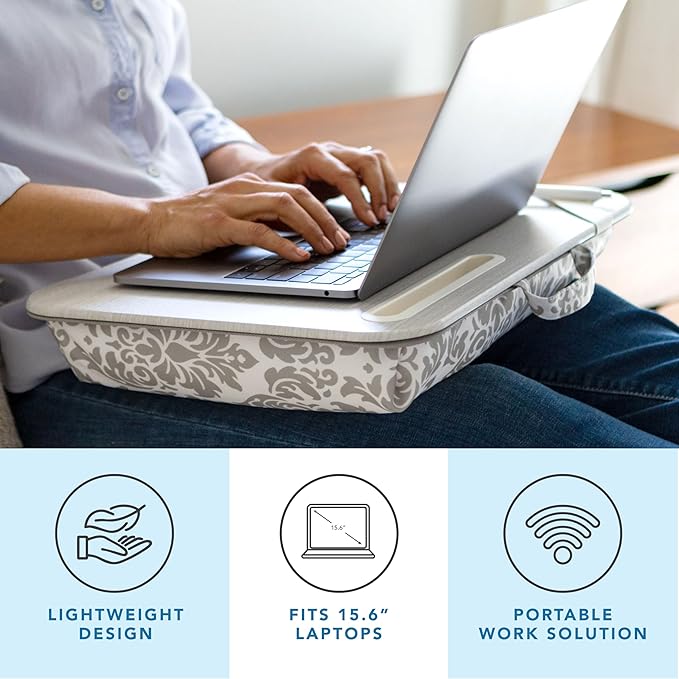 LAPGEAR Designer Lap Desk 2-Pack with Storage Basket, Phone Slot & Device Ledge – Gray Damask – Fits Laptops up to 15.6" – Style No. 70424