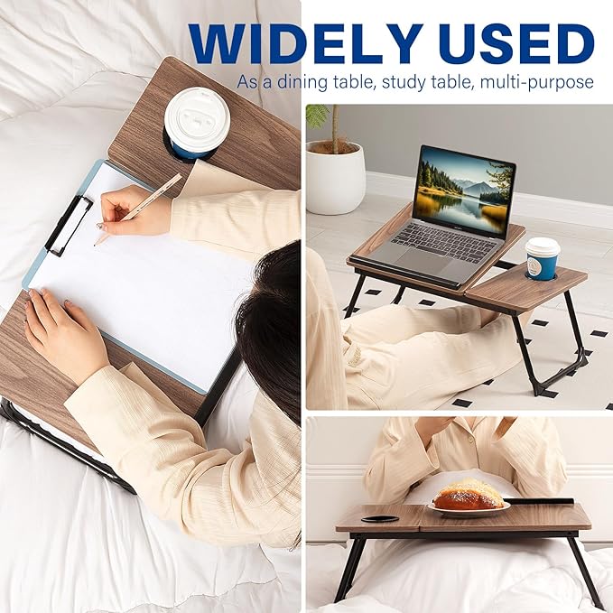Laptop Desk for Bed Couch, Adjustable Foldable Bed Table with Cup Holder, Breakfast Serving Tray, Portable Laptop Lap Desk Stand for Working Reading Writing Eating Gaming in Bed Sofa Floor(Brown)