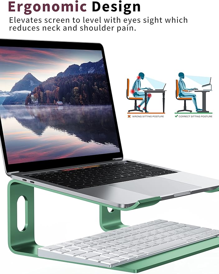 ALASHI Laptop Stand for Desk, Aluminum Computer Riser, Ergonomic Notebook Holder, Detachable Metal Laptops Elevator, PC Cooling Mount Support 10 to 15.6 Inches Notebook, Light Green