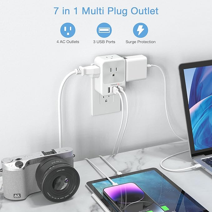 Multi Plug Outlet Splitter with USB, TESSAN 4 Electrical Outlet Extender Surge Protector with 3 USB Wall Charger Blocks, Multiple Plug Expander Box for Home Office Dorm Room Essentials