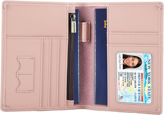 STAR VISTA Phoenix Leather Passport Holder, Calfskin Travel Wallet - RFID Blocking, ID Window, Zipper Pocket, Pen & Notebook Included, Pale Pink