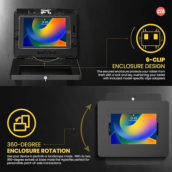 Locking iPad Wall Mount - CTA Anti-Theft Large Locking Tablet Enclosure w/ Key Lock and Interior Cable Routing for iPad Pro 12.9", Surface Pro 3, 4, 5, 6, 7, 8, X - Black - (PAD-PLWB)