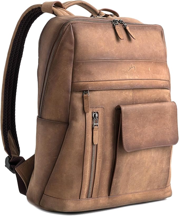 VELEZ Brown Leather Backpack for Men & Women - Large Capacity Laptop Travel Backpack with 17" Sleeve - Vintage Travel Bag with Adjustable Straps, Multiple Pockets & Trolley Sleeve