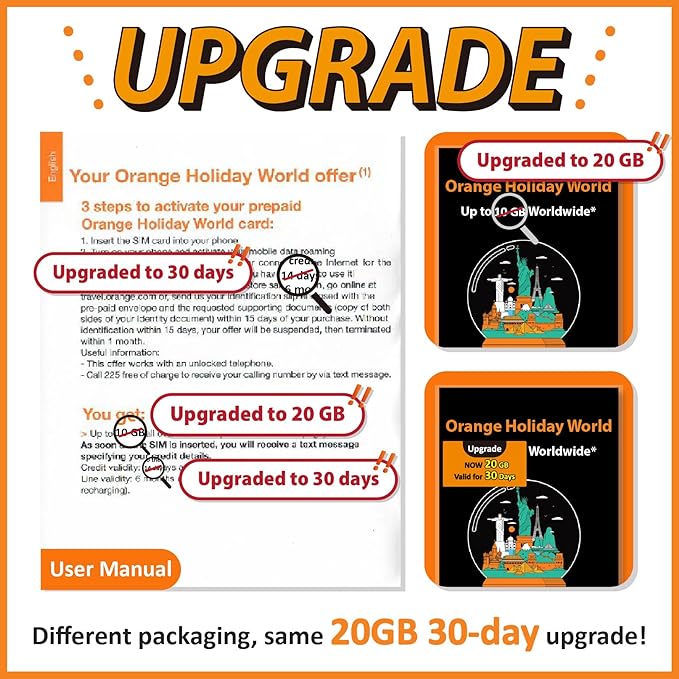 Orange Holiday Worldwide Prepaid SIM Card 20GB Internet Data for 30 Days in 4G/LTE | Data tethering Allowed | Calls & SMS | 1 Sim Card Holder + 1 Pin (International sim, Asia America Europe)