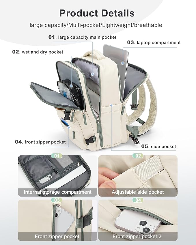 VECAVE Carry On Backpack for Women,Large Travel Backpack Flight Approved,Waterproof 14 Inch Laptop Backpack Business Work Backpacks Men Mochila De Viaje Beige