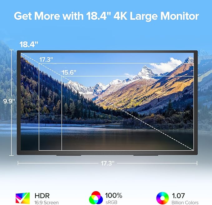 EVICIV 4K Portable Monitor, 18.4 inch 3840x2160 UHD with VESA & Stand 180° Adjustable, 100% sRGB HDR FreeSync Ultra-Slim & Lightweight IPS, Travel Second Monitor for Laptop Computer