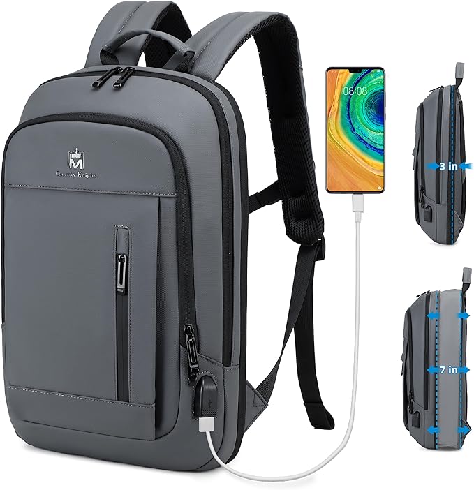 Caoroky knight Backpack Laptop Men 15.6 inch Slim Work Business Backpacks with USB Charging Port Mens Travel Bag Bookbag (Grey, Large)
