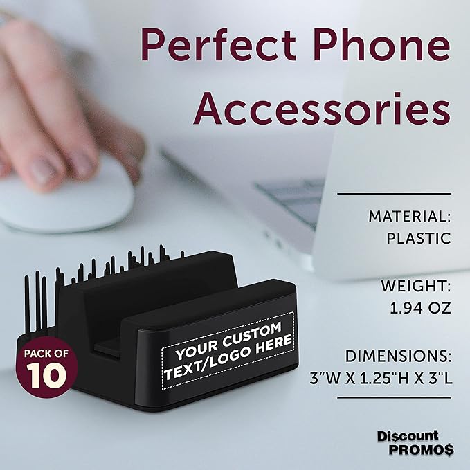 DISCOUNT PROMOS Custom Light Up Logo Phone Stands Set of 10, Personalized Bulk Pack - Essential Smartphone Accessory, Perfect for Office and Home - Black