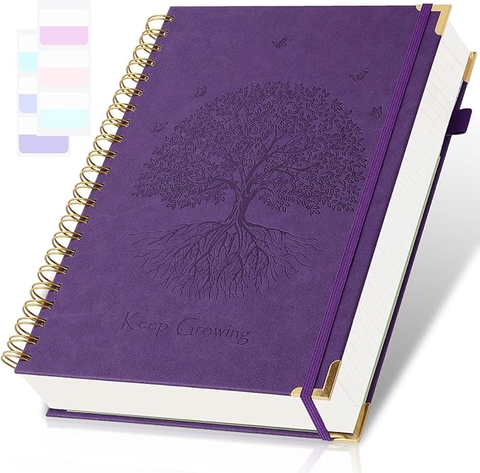 Spiral Notebook, College Ruled Notebook, A5 300 Pages Leather Journals for Writing, 5.7" x 8.5" Hardcover Journaling Notebooks for Work School, 24pcs Tabs, Large Embossed Journal for Women Men, Purple