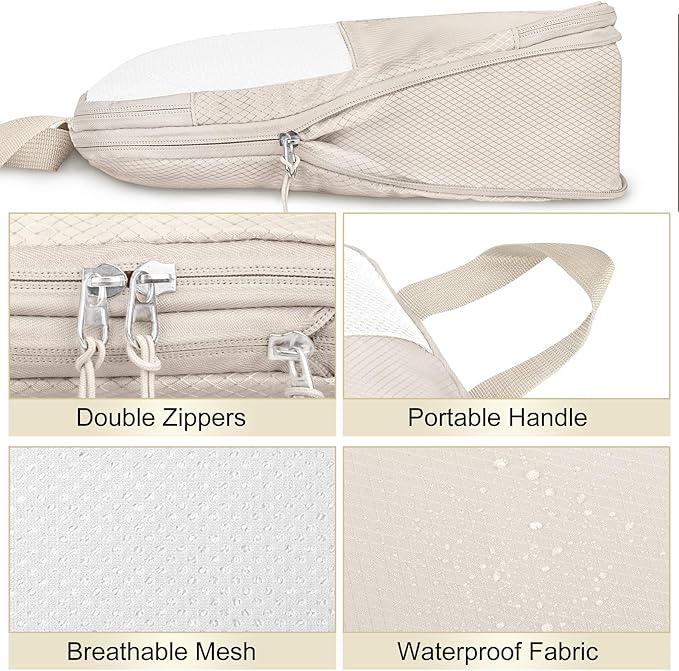8 Set Compression Packing Cubes for Travel, Expandable Waterproof Travel Organizer, Lightweight Luggage Organizer with Shoes & Laundry Bags, Travel Accessories for Men Women, Beige